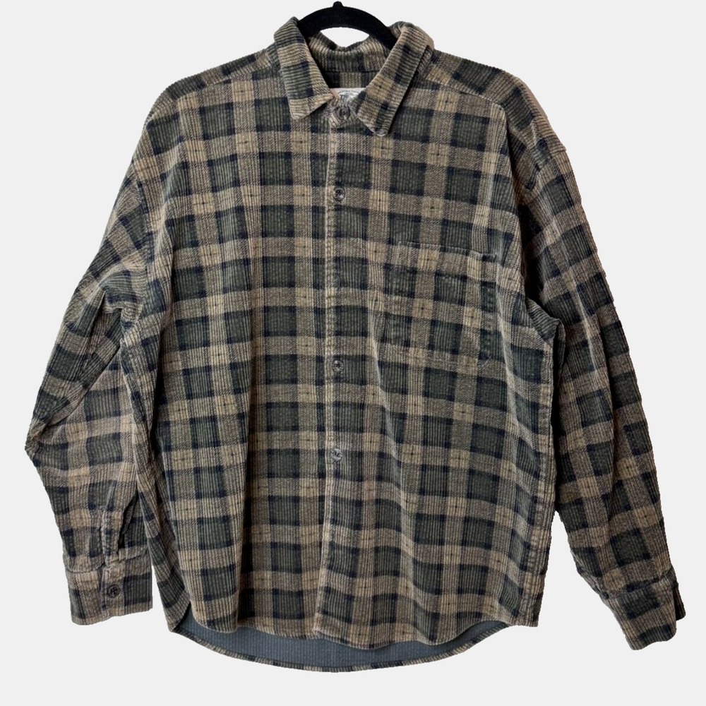 True Grit Soft Corduroy Shirt‎ Mens M Brown Green Plaid Cotton Pocket Wide Wale